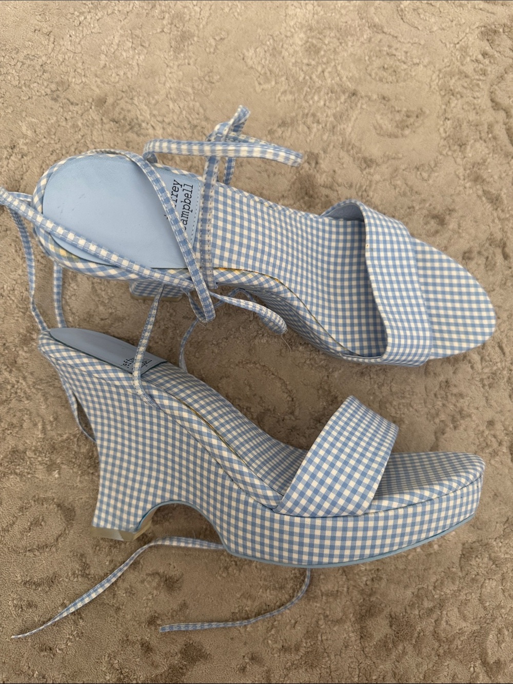 Jeffrey Campbell Light Blue Gingham Platform Sandals with Ankle Tie